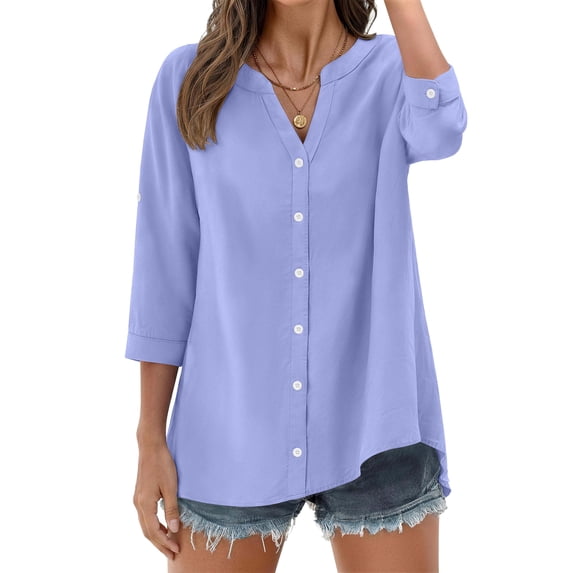 Fantaslook Womens 3/4 Sleeve Button Down Shirts V Neck Roll Up Sleeve Tops Cotton Linen Casual Summer Blouses Shirts