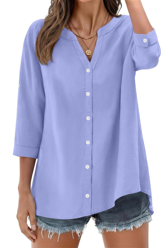 Womens 3/4 Sleeve Button Down Shirts V Neck Roll Up Sleeve Tops Cotton Linen Casual Summer Blouses Shirts