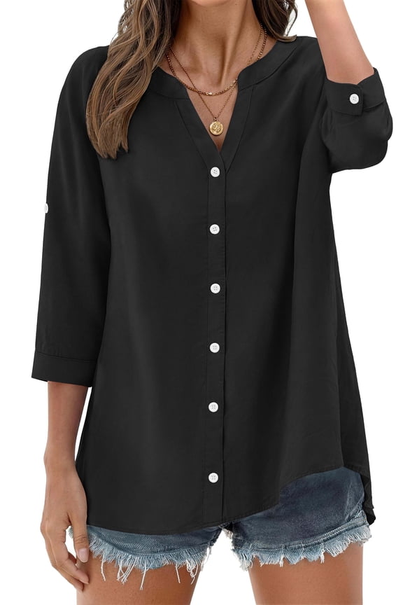 Womens 3/4 Sleeve Button Down Shirts V Neck Roll Up Sleeve Tops Cotton Linen Casual Summer Blouses Shirts