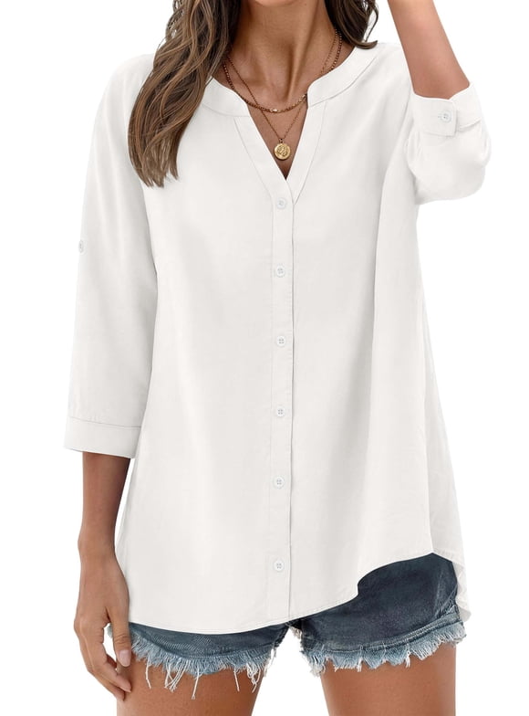 Womens 3/4 Sleeve Button Down Shirts V Neck Roll Up Sleeve Tops Cotton Linen Casual Summer Blouses Shirts