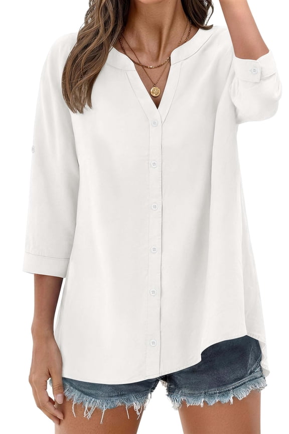Womens 3/4 Sleeve Button Down Shirts V Neck Roll Up Sleeve Tops Cotton Linen Casual Summer Blouses Shirts