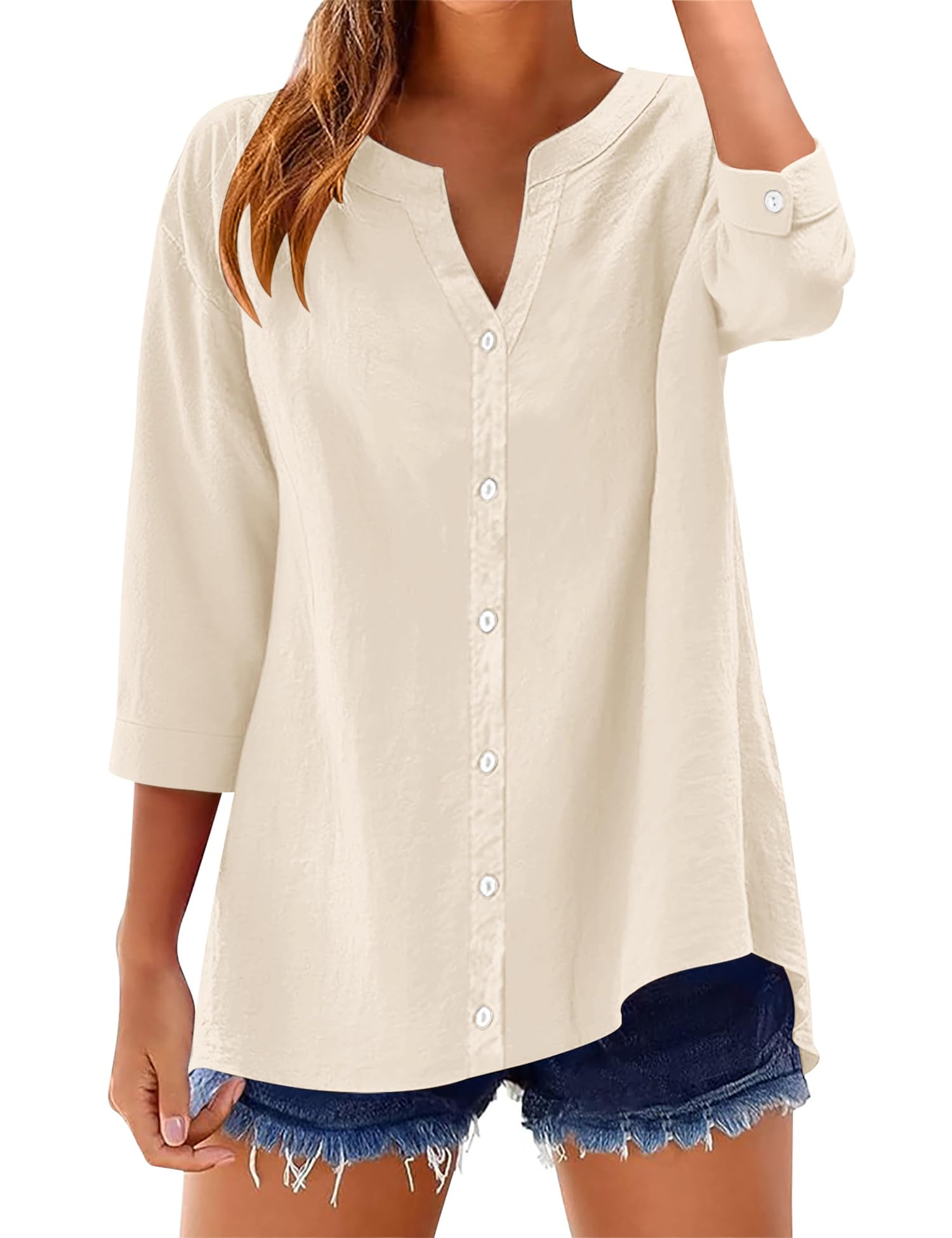 Fantaslook Womens 3/4 Sleeve Button Down Shirts V Neck Roll Up Sleeve ...