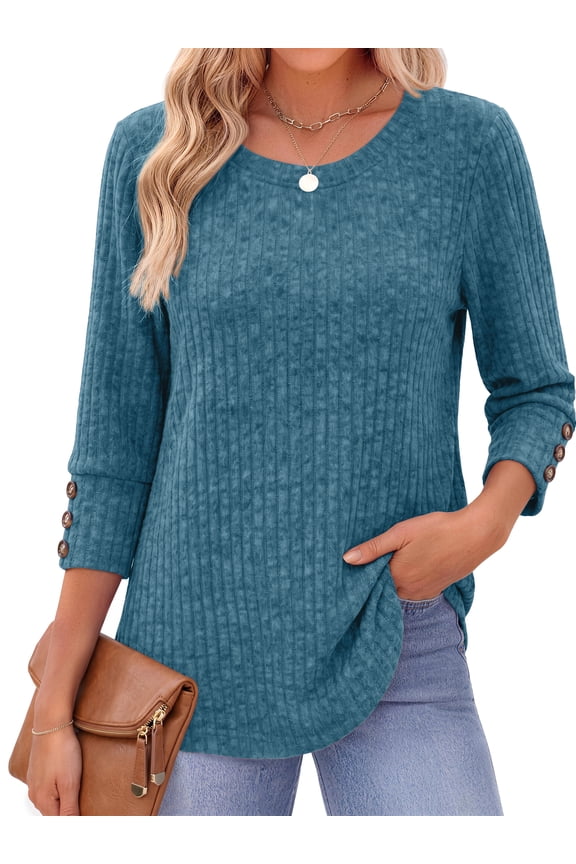 Womens 3/4 Sleeve Shirts with Buttons Dressy Casual Blouses Tunic Tops Fall Clothes