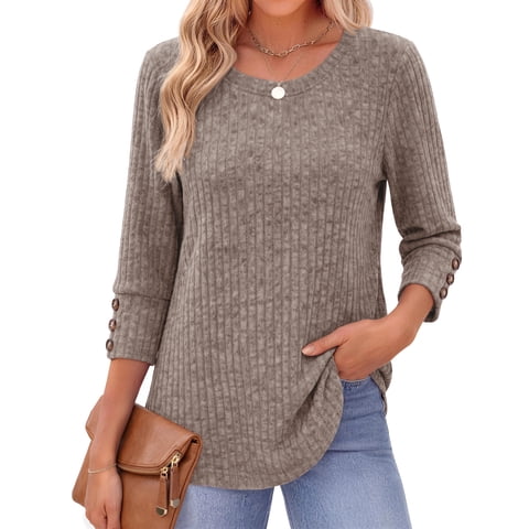 Womens 3/4 Sleeve Shirts with Buttons Dressy Casual Blouses Tunic Tops Fall Clothes