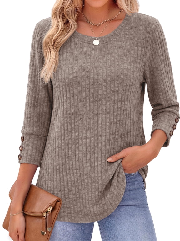 Womens 3/4 Sleeve Shirts with Buttons Dressy Casual Blouses Tunic Tops Fall Clothes