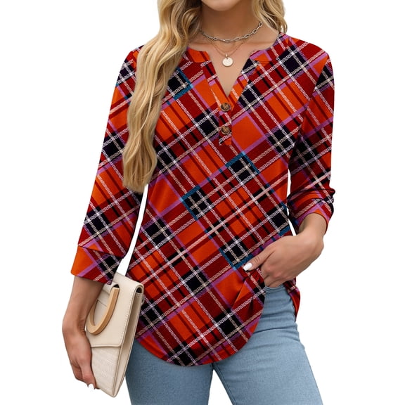 Fantaslook Womens Blouses 3/4 Sleeve V Neck Henley Shirts Dressy Casual Tops Summer Fall Fashion Clothes