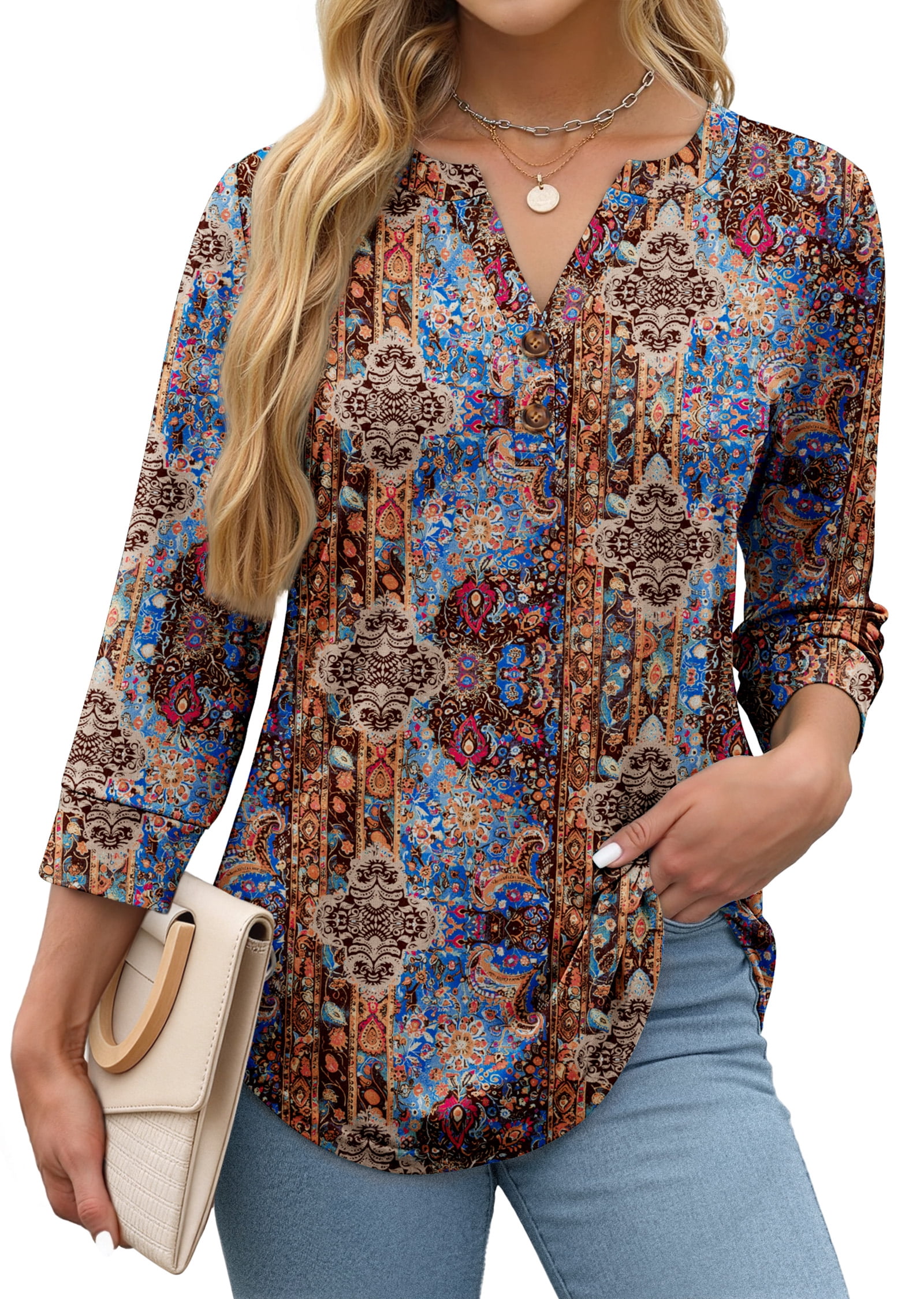 Fantaslook Womens Blouses 3/4 Sleeve V Neck Henley Shirts Dressy Casual