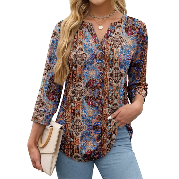 Fantaslook Womens Blouses 3/4 Sleeve V Neck Henley Shirts Dressy Casual Tops Summer Fall Fashion Clothes