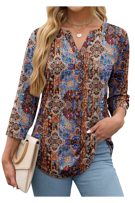 Womens Blouses 3/4 Sleeve V Neck Henley Shirts Dressy Casual Tops Summer Fall Fashion Clothes