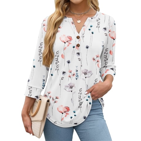 Womens Blouses 3/4 Sleeve V Neck Henley Shirts Dressy Casual Tops Summer Fall Fashion Clothes