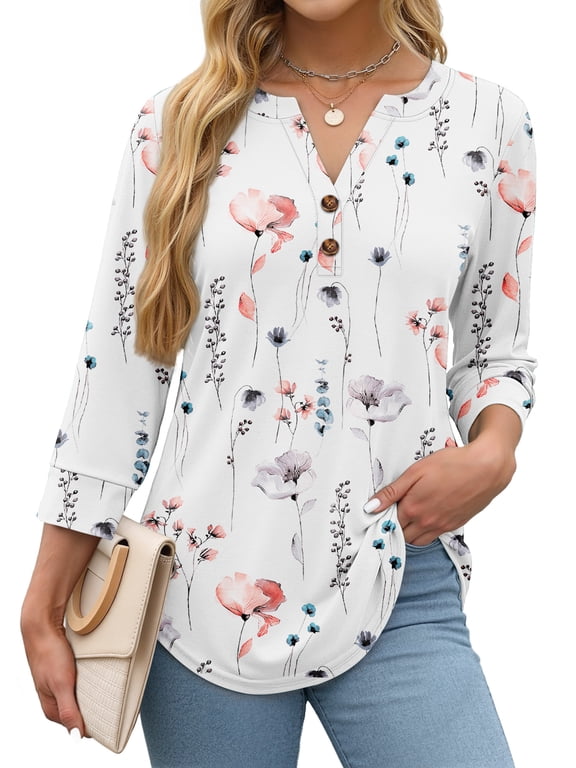 Womens Blouses 3/4 Sleeve V Neck Henley Shirts Dressy Casual Tops Summer Fall Fashion Clothes