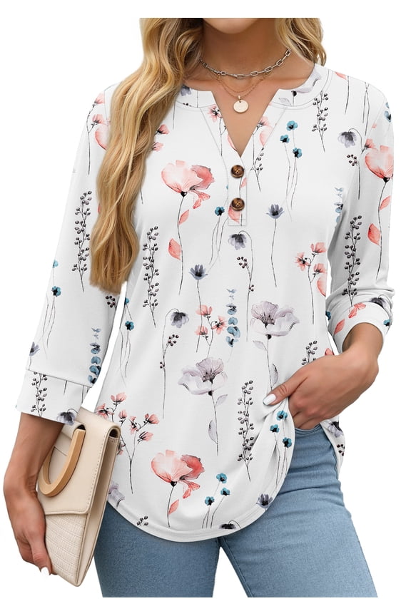 Womens Blouses 3/4 Sleeve V Neck Henley Shirts Dressy Casual Tops Summer Fall Fashion Clothes