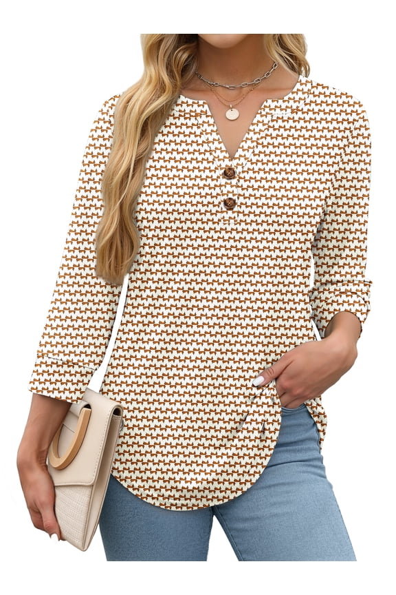 Womens Blouses 3/4 Sleeve V Neck Henley Shirts Dressy Casual Tops Summer Fall Fashion Clothes