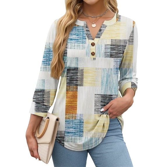 Fantaslook Womens Blouses 3/4 Sleeve V Neck Henley Shirts Dressy Casual Tops Summer Fall Fashion Clothes