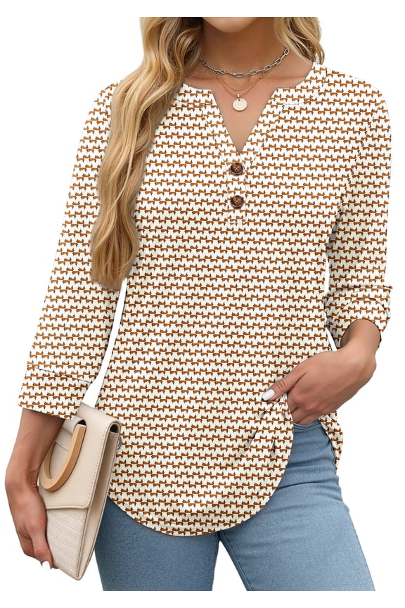 Womens Blouses 3/4 Sleeve V Neck Henley Shirts Dressy Casual Tops Summer Fall Fashion Clothes