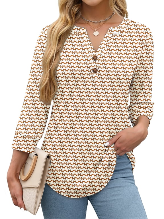 Womens Blouses 3/4 Sleeve V Neck Henley Shirts Dressy Casual Tops Summer Fall Fashion Clothes