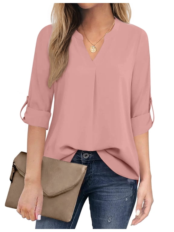 Womens Blouses 3/4 Sleeve V Neck Work Shirts Dressy Tops Chiffon Office Wear