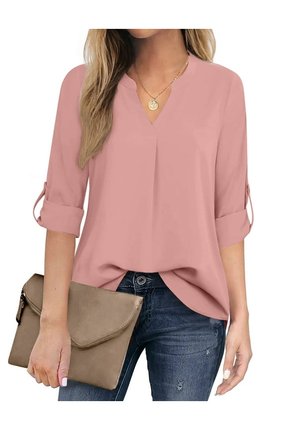 Womens Blouses 3/4 Sleeve V Neck Work Shirts Dressy Tops Chiffon Office Wear