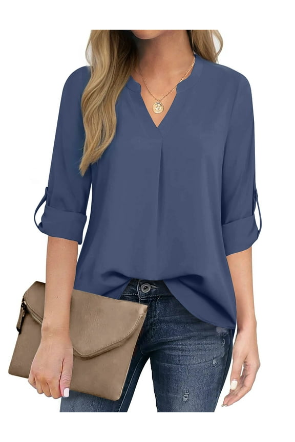 Womens Blouses 3/4 Sleeve V Neck Work Shirts Dressy Tops Chiffon Office Wear