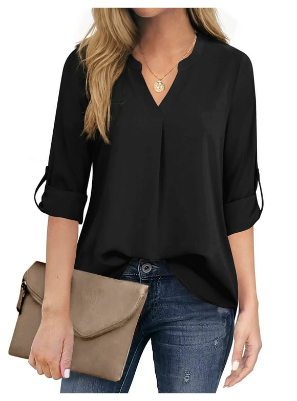 Womens Blouses 3/4 Sleeve V Neck Work Shirts Dressy Tops Chiffon Office Wear