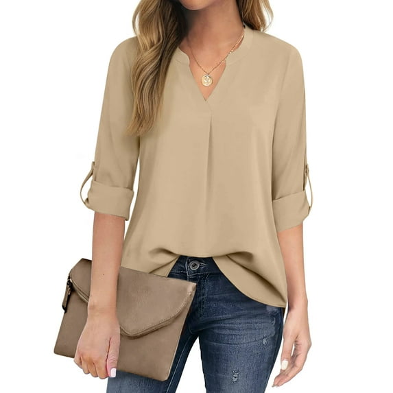 Fantaslook Womens Blouses 3/4 Sleeve V Neck Work Shirts Dressy Tops Chiffon Office Wear