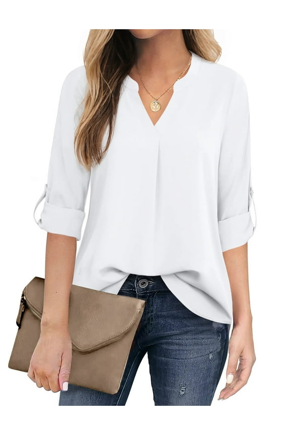 Womens Blouses 3/4 Sleeve V Neck Work Shirts Dressy Tops Chiffon Office Wear