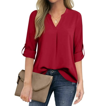 Fantaslook Womens Blouses 3/4 Sleeve V Neck Work Shirts Dressy Tops Chiffon Office Wear