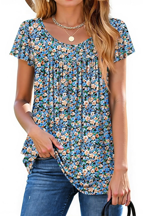 Womens Blouses Dressy Casual Pleated Tunic Tops Floral Ruffle Sleeve Summer Shirts