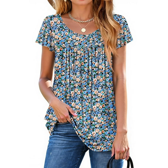 Fantaslook Womens Blouses Dressy Casual Pleated Tunic Tops Floral Ruffle Sleeve Summer Shirts
