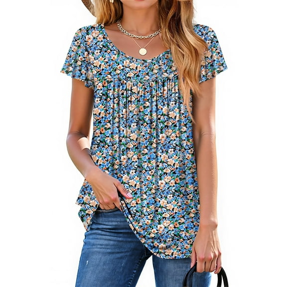 Fantaslook Womens Blouses Dressy Casual Pleated Tunic Tops Floral Ruffle Sleeve Summer Shirts
