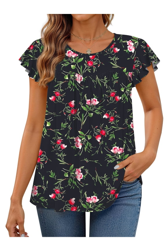 Womens Blouses Dressy Casual Pleated Tunic Tops Floral Ruffle Sleeve Summer Shirts