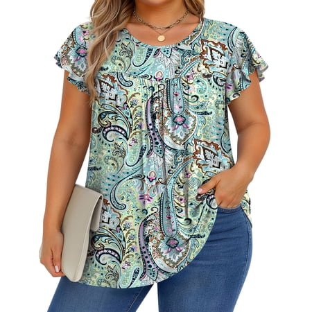 Fantaslook Womens Blouses Dressy Casual Pleated Tunic Tops Floral Ruffle Sleeve Summer Shirts