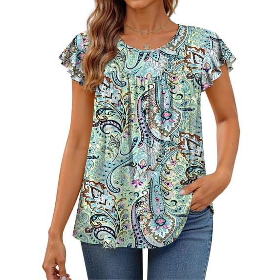 Fantaslook Womens Blouses Dressy Casual Pleated Tunic Tops Floral Ruffle Sleeve Summer Shirts