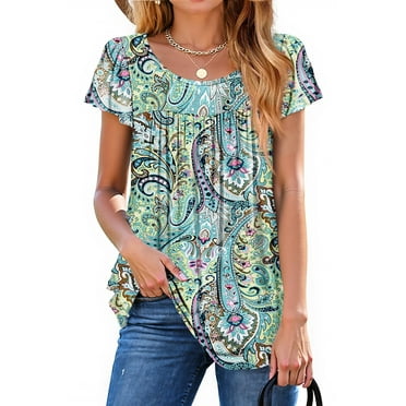 Fantaslook Womens Blouses Dressy Casual Pleated Tunic Tops Floral Ruffle Sleeve Summer Shirts
