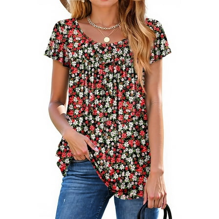 Fantaslook Womens Blouses Dressy Casual Pleated Tunic Tops Floral Ruffle Sleeve Summer Shirts