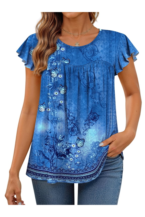 Womens Blouses Dressy Casual Pleated Tunic Tops Floral Ruffle Sleeve Summer Shirts