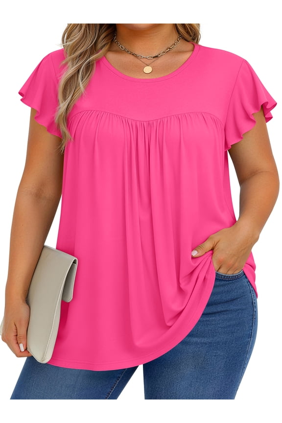 Womens Blouses Dressy Casual Pleated Tunic Tops Floral Ruffle Sleeve Summer Shirts