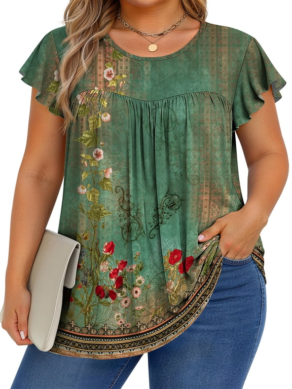Womens Blouses Dressy Casual Pleated Tunic Tops Floral Ruffle Sleeve Summer Shirts