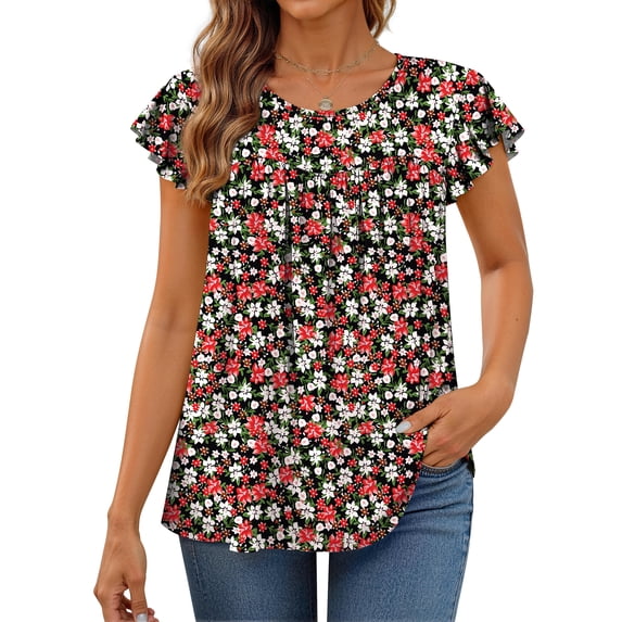 Fantaslook Womens Blouses Dressy Casual Pleated Tunic Tops Floral Ruffle Sleeve Summer Shirts