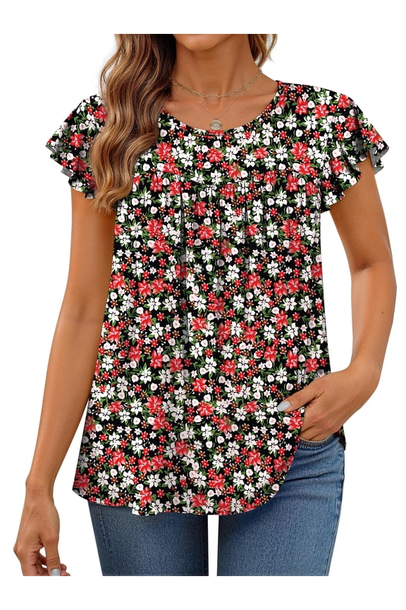 Womens Blouses Dressy Casual Pleated Tunic Tops Floral Ruffle Sleeve Summer Shirts