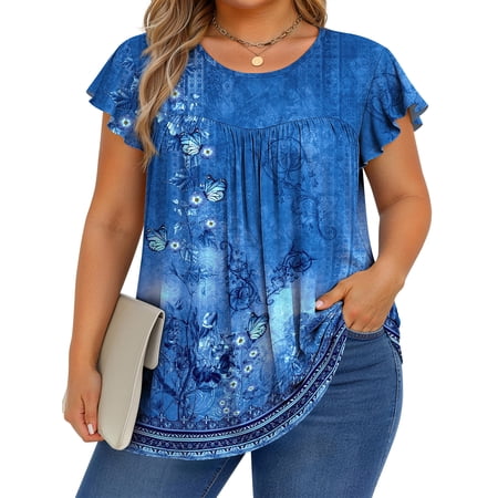 Fantaslook Womens Blouses Dressy Casual Pleated Tunic Tops Floral Ruffle Sleeve Summer Shirts