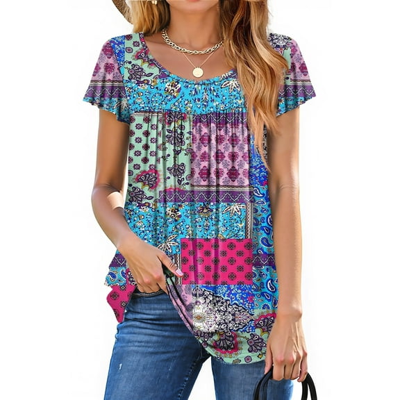 Fantaslook Womens Blouses Dressy Casual Pleated Tunic Tops Floral Ruffle Sleeve Summer Shirts