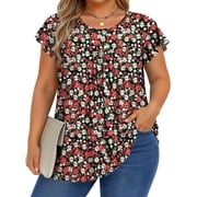 Fantaslook Womens Blouses Dressy Casual Pleated Tunic Tops Floral Ruffle Sleeve Summer Shirts