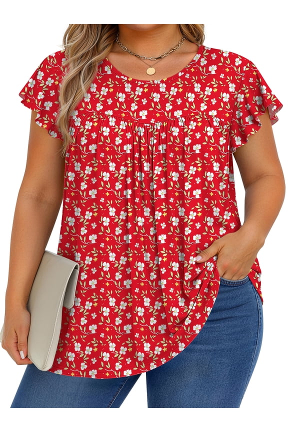 Womens Blouses Dressy Casual Pleated Tunic Tops Floral Ruffle Sleeve Summer Shirts
