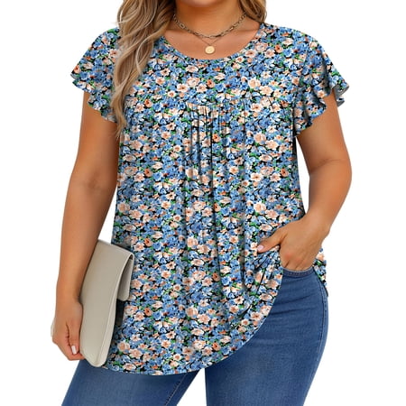 Fantaslook Womens Blouses Dressy Casual Pleated Tunic Tops Floral Ruffle Sleeve Summer Shirts