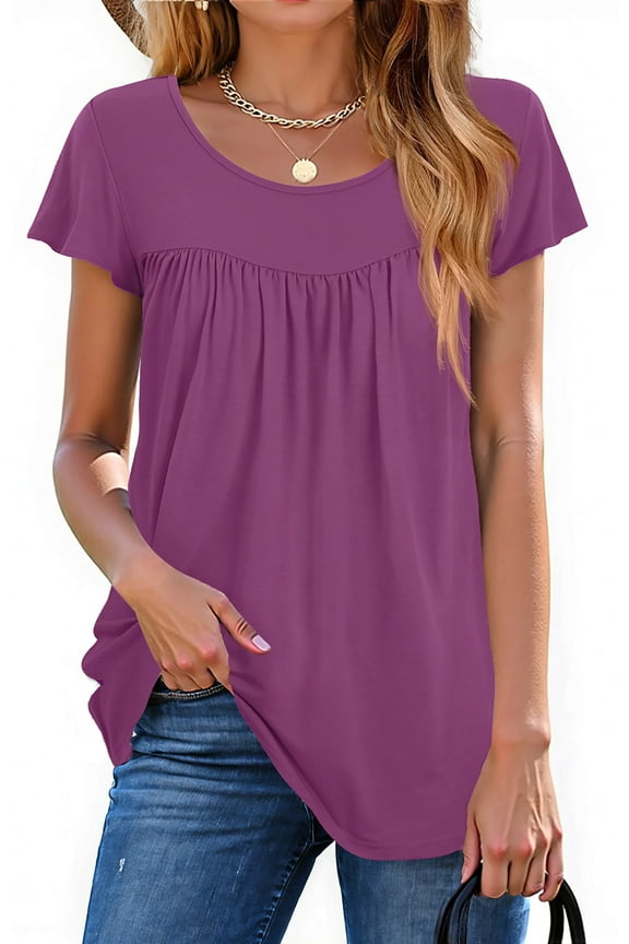 Womens Blouses Dressy Casual Pleated Tunic Tops Floral Ruffle Sleeve Summer Shirts