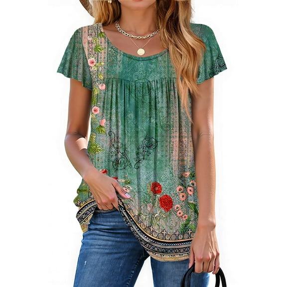 Fantaslook Womens Blouses Dressy Casual Pleated Tunic Tops Floral Ruffle Sleeve Summer Shirts