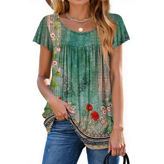 Fantaslook Womens Blouses Dressy Casual Pleated Tunic Tops Floral Ruffle Sleeve Summer Shirts
