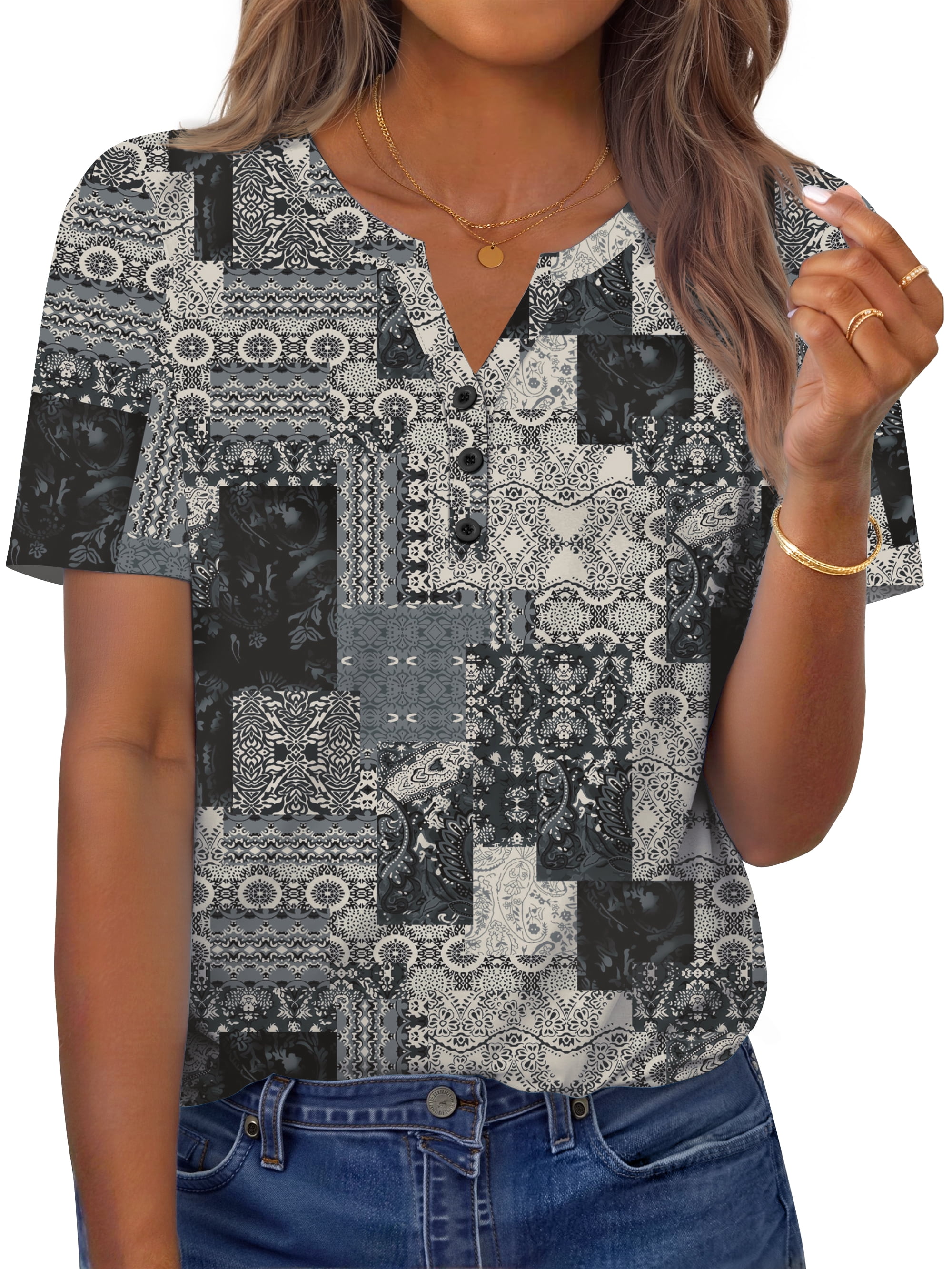 Fantaslook Womens Blouses Dressy Casual Tops Summer Short Sleeve V Neck ...