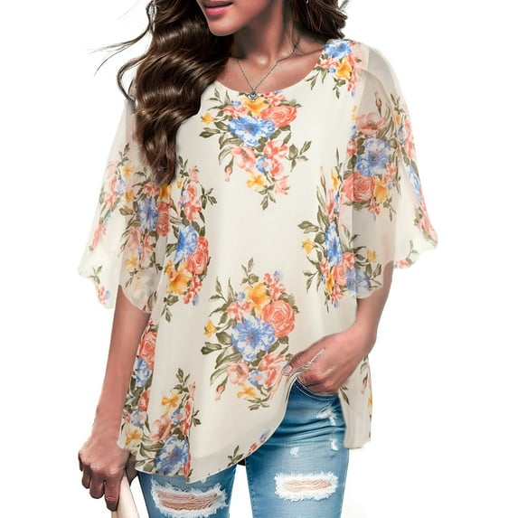 Fantaslook Womens Blouses Floral Ruffle 3/4 Sleeve Flowy Tops Mesh Dressy Blouses Tunic Shirts